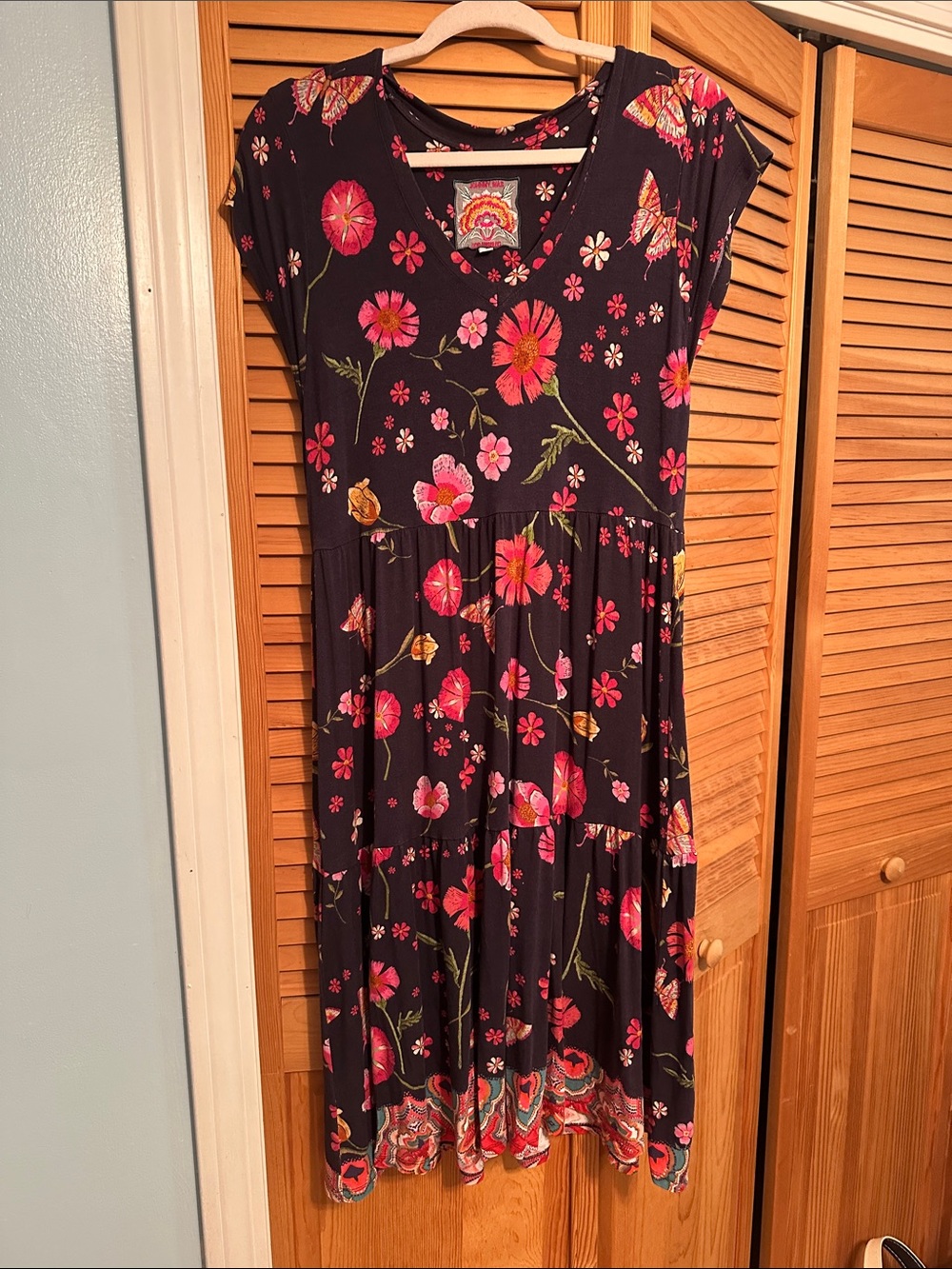 Johnny Was Black Floral Tiered Dress with Pink, Green & Orange Accents SZ S